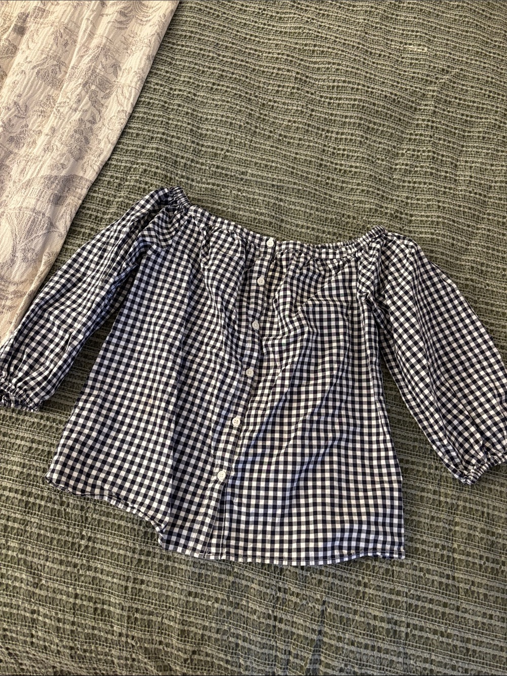Merona Navy and White Gingham Off-Shoulder Button Front Top